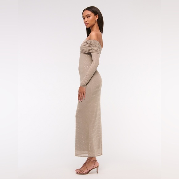 NWT Abercrombie & Fitch Taupe Off-The-Shoulder Rhinestone Mesh Maxi Dress XSP - Picture 14 of 16